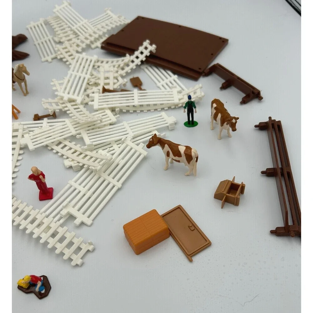 Vintage Miniature Farm Playset Lot Red Tractor Animals Fencing Treehouse Figures